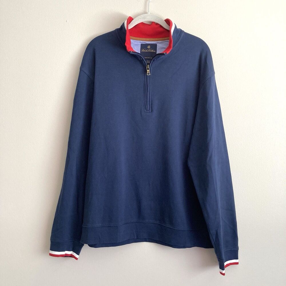 Brooks Brothers Mens Navy 1/4 Zip Pullover Size Large 100% Cotton Preppy Classic